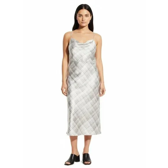 NWT Vince Hazy Plaid Satin Cowlneck Midi in Powder Blue Slip Dress 18 - Picture 2 of 8